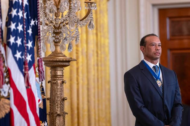 October 6, 2026, Washington, Dc, United States: U.S President Donald Trump, left, welcomes golf legend Tiger Woods for Black History Month at the East Room of the White House, February 20, 2025 in Washington, D.C. Washington United States - ZUMAp138 20261006_zaa_p138_010 Copyright: xMollyxRiley WhitexHousex
