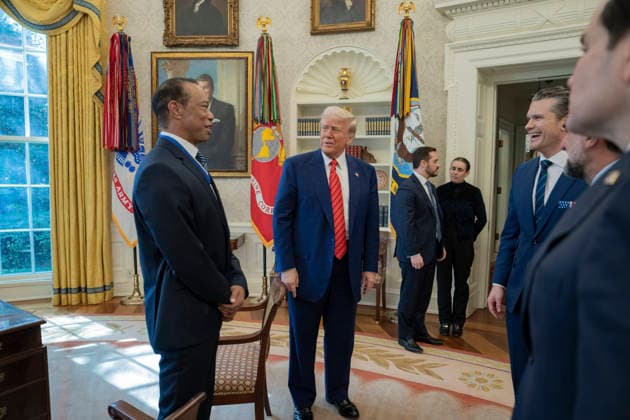 October 6, 2026, Washington, Dc, United States of America: U.S. President Donald Trump speaks with golfer Tiger Woods and officials in the Oval Office of the White House, February 20, 2025 in Washington, D.C. Woods, who received the Presidential Medal of Freedom from Trump in 2019, joined PGA Tour leaders at the White House for talks on a proposed deal with Saudi ArabiaÃ¢â‚¬â ¢s Public Investment Fund before Trump introduced him as a surprise guest at a Black History Month reception. Washington United States of America - ZUMAp138 20261006_zaa_p138_016 Copyright: xJoycexN.xBoghosian WhitexHousex