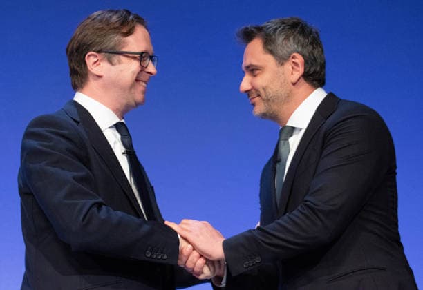 October 6, 2026, Birmingham, United Kingdom: Alex Burghart Shadow Secretary of State for Northern Ireland greets Yehor Cherniev, Ukrainian MP. The session Defending Britain in a More Dangerous World took place on the main stage at the Conservative Party Conference at the ICC Birmingham. It featured key shadow cabinet figures including Tom Tugendhat, Helen Whately , James Cartlidge, and Alex Burghart , as well as a performance by St Mary s Ukrainian School choir. They were also joined by Yehor Cherniev, Ukrainian MP and Professor Niall Ferguson Birmingham United Kingdom - ZUMAs197 20261006_aaa_s197_107 Copyright: xGaryxRobertsx