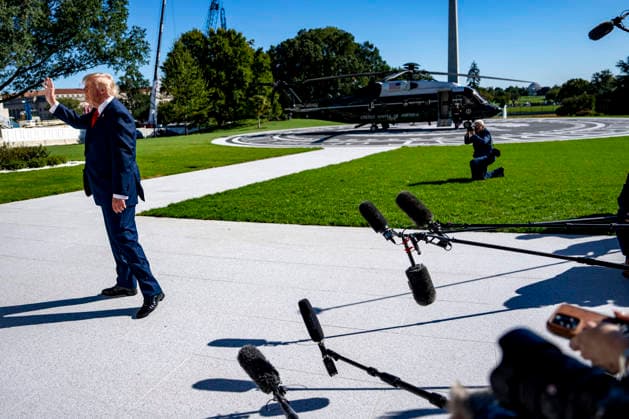 President Donald Trump waves to Gold Star Families before boarding Marine One on the South Lawn of the White House in Washington, DC on Tuesday, October 6, 2026. The President is going to Baltimore, Maryland to deliver remarks at Anduril Industries, a tech company that builds robotic weapons and software for the military.  WAP20261006319 BONNIExCASH