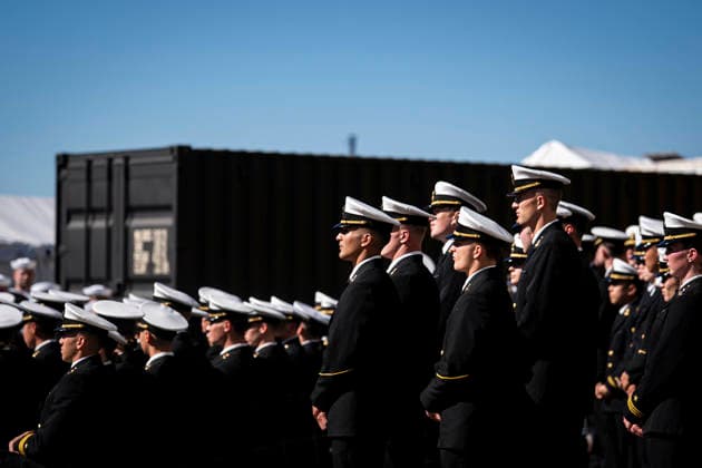 Members of the Navy listen during an event at Tradepoint Atlantic in Sparrows Point, Maryland on Tuesday, Oct. 6, 2026. Anduril is in advanced talks to build an autonomous surface-vessel factory at Tradepoint Atlantic, which would give the company an East Coast hub alongside its Foss Maritime shipyard in Seattle and undersea-vehicle factory at Quonset Business Park in Rhode Island.  BAL20261006106 AlxDrago