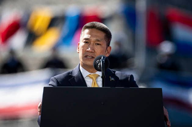 Acting Secretary of the Navy Hung Cao speaks during an event at Tradepoint Atlantic in Sparrows Point, Maryland on Tuesday, Oct. 6, 2026. Anduril is in advanced talks to build an autonomous surface-vessel factory at Tradepoint Atlantic, which would give the company an East Coast hub alongside its Foss Maritime shipyard in Seattle and undersea-vehicle factory at Quonset Business Park in Rhode Island.  BAL20261006111 AlxDrago