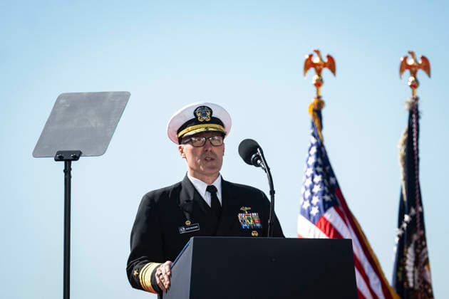 Vice Adm. Robert Rob Gaucher, director of the Submarine Programs (DSP) for the Navy, speaks during an event at Tradepoint Atlantic in Sparrows Point, Maryland on Tuesday, Oct. 6, 2026. Anduril is in advanced talks to build an autonomous surface-vessel factory at Tradepoint Atlantic, which would give the company an East Coast hub alongside its Foss Maritime shipyard in Seattle and undersea-vehicle factory at Quonset Business Park in Rhode Island.  BAL20261006115 AlxDrago