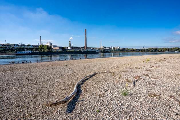 Extremes Niedrigwasser am Rhein, hier bei Duisburg-Neuenkamp, trocken gefallenes Ufer, Pegel zur Zeit der Aufnahme bei 131cm in DU-Ruhrort, über 20cm unter der bisherigen je gemessnen Tiefstmarke von 2018, starke Einschränkungen für die Binnenschifffahrt, im Hintergrund das Sachtleben Chemie International Werk, NRW, Deutschland Rhein Niedrigwasser