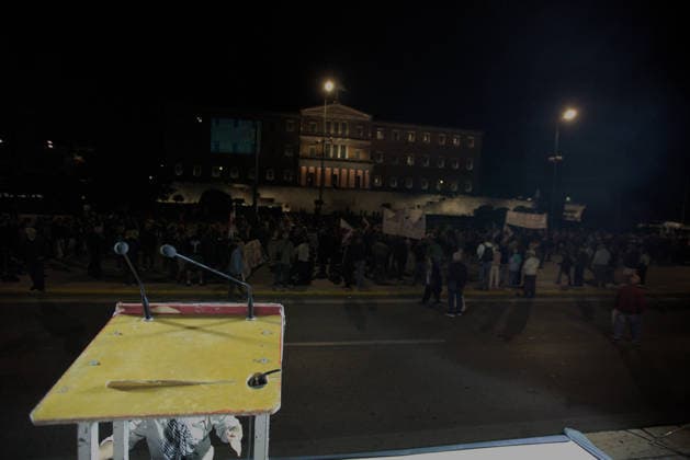 October 6, 2026, Athens, Attica, GREECE: An empty speakers podium stands in the foreground as demonstrators gather during an anti-war protest opposing the visit of US Secretary of State MARCO RUBIO. Athens GREECE - ZUMAx103 20261006_zip_x103_002 Copyright: xHarrisxXanthopoulosx