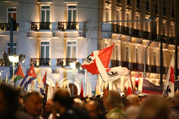 October 6, 2026, Athens, Attica, GREECE: Flags are raised above demonstrators during an anti-war protest opposing the visit of US Secretary of State MARCO RUBIO. Athens GREECE - ZUMAx103 20261006_zip_x103_003 Copyright: xHarrisxXanthopoulosx