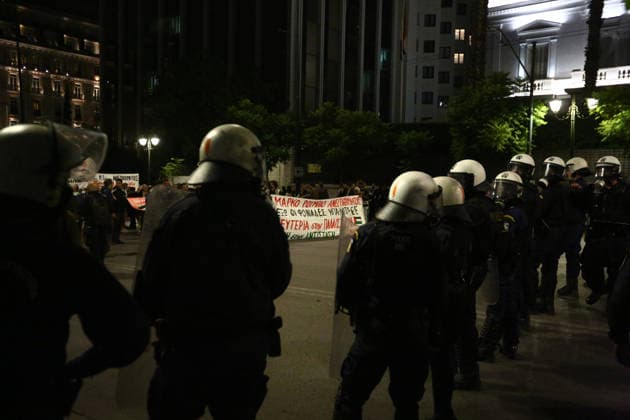 October 6, 2026, Athens, Attica, GREECE: Riot police face demonstrators holding an anti-war banner during a protest opposing the visit of US Secretary of State MARCO RUBIO. Athens GREECE - ZUMAx103 20261006_zip_x103_006 Copyright: xHarrisxXanthopoulosx