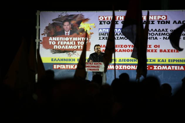 October 6, 2026, Athens, Attica, GREECE: A speaker addresses demonstrators from a stage during an anti-war protest opposing the visit of US Secretary of State MARCO RUBIO. Athens GREECE - ZUMAx103 20261006_zip_x103_010 Copyright: xHarrisxXanthopoulosx