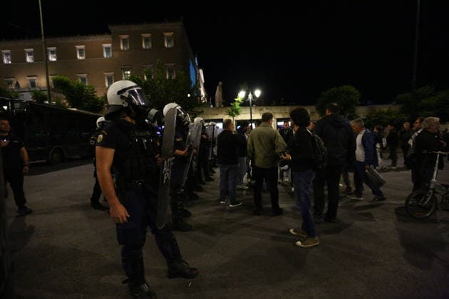 October 6, 2026, Athens, Attica, GREECE: Riot police stand near demonstrators during an anti-war protest opposing the visit of US Secretary of State MARCO RUBIO. Athens GREECE - ZUMAx103 20261006_zip_x103_013 Copyright: xHarrisxXanthopoulosx