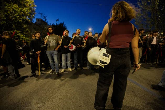 October 6, 2026, Athens, Attica, GREECE: A protester carrying a megaphone stands in front of demonstrators during an anti-war protest opposing the visit of US Secretary of State MARCO RUBIO. Athens GREECE - ZUMAx103 20261006_zip_x103_017 Copyright: xHarrisxXanthopoulosx