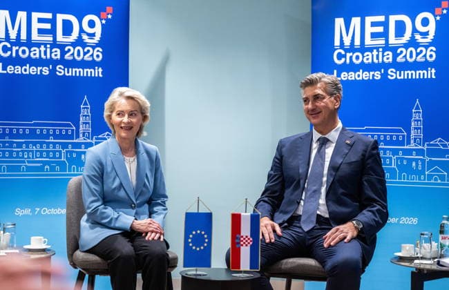 Croatia, Split, 06.10.2026. Radisson Blu Resort and Spa Hotel. Bilateral meeting between Prime Minister Andrej Plenkovic and European Commission President Ursula von der Leyen on the sidelines of the MED9 summit. In the photo: Ursula von der Leyen, Andrej Plenkovic. Photo: Tom Dubravec CROPIX Split CROATIA Copyright: xxTomxDubravecx plenkovic_leyen6-061026