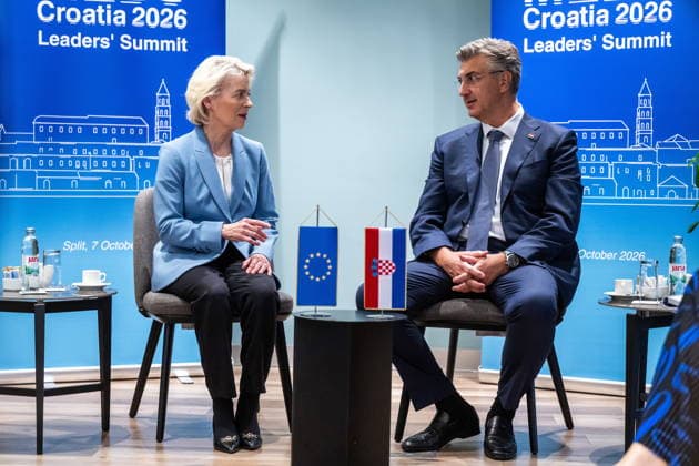 Croatia, Split, 06.10.2026. Radisson Blu Resort and Spa Hotel. Bilateral meeting between Prime Minister Andrej Plenkovic and European Commission President Ursula von der Leyen on the sidelines of the MED9 summit. In the photo: Ursula von der Leyen, Andrej Plenkovic. Photo: Tom Dubravec CROPIX Split CROATIA Copyright: xxTomxDubravecx plenkovic_leyen7-061026