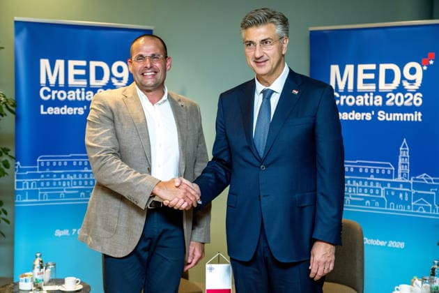 Croatia, Split, 06.10.2026. Radisson Blu Resort and Spa Hotel. Bilateral meeting between Prime Minister Andrej Plenkovic and Prime Minister of Malta Robert Abel on the sidelines of the MED9 summit. In the photo: Robert Abel, Andrej Plenkovic. Photo: Tom Dubravec CROPIX Split CROATIA Copyright: xxTomxDubravecx plenkovic_abel3-061026