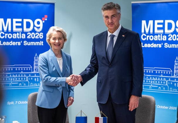 Croatia, Split, 06.10.2026. Radisson Blu Resort and Spa Hotel. Bilateral meeting between Prime Minister Andrej Plenkovic and European Commission President Ursula von der Leyen on the sidelines of the MED9 summit. In the photo: Ursula von der Leyen, Andrej Plenkovic. Photo: Tom Dubravec CROPIX Split CROATIA Copyright: xxTomxDubravecx plenkovic_leyen3-061026