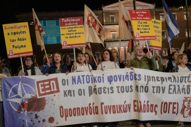 Protest against Marco Rubio™s visit in Athens Protesters hold placards and an anti-NATO banner in front of the Greek Parliament during a demonstration against the visit of U.S. Secretary of State Marco Rubio in Athens. Athens Greece Copyright: xNicolasxKoutsokostasxNicolasxKoutsokostasx DSC_202610060424