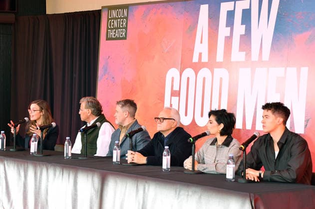 NEW YORK, NY- OCTOBER 6: Lear deBessonet, Aaron Sorkin, Michael Arden, Bradley Whitford, Krysta Rodriguez and Tom Blyth at the press conference for A Few Good Men at Lincoln Center Theater in the Vivian Beaumont Theatre on October 6, 2026 in New York City. Copyright: xmpi099 MediaPunchx