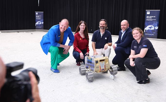 AUSTRALIAN LUNAR ROVER LAUNCH, (Left to Right) Katie Doyle - Roover Technical Director, Keegan Buzza - Australian Space Agency,QUT Professor Thierry Peynot, Ben Sorensen - Roover Director and Emily Crabb - Mechatronics Engineer at EPE during the launch of Roo-ver an Australian-designed and built lunar rover at QUT Kelvin Grove, in Brisbane, Wednesday, October 7, 2026. ( NO ARCHIVING BRISBANE QUEENSLAND Australia  Copyright: xJASONxO BRIENx 20261007170268133725