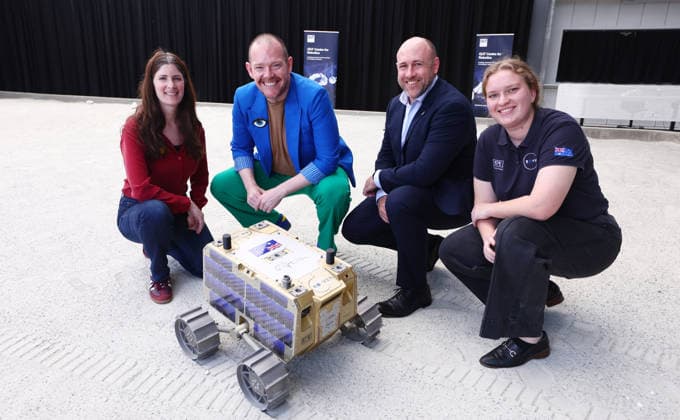 AUSTRALIAN LUNAR ROVER LAUNCH, (Left to Right) Katie Doyle - Roover Technical Director, Keegan Buzza - Australian Space Agency, Ben Sorensen - Roover Director and Emily Crabb - Mechatronics Engineer at EPE during the launch of Roo-ver an Australian-designed and built lunar rover at QUT Kelvin Grove, in Brisbane, Wednesday, October 7, 2026. ( NO ARCHIVING BRISBANE QUEENSLAND Australia  Copyright: xJASONxO BRIENx 20261007134074222952