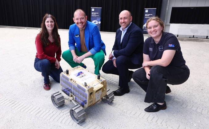 AUSTRALIAN LUNAR ROVER LAUNCH, (Left to Right) Katie Doyle - Roover Technical Director, Keegan Buzza - Australian Space Agency, Ben Sorensen - Roover Director and Emily Crabb - Mechatronics Engineer at EPE during the launch of Roo-ver an Australian-designed and built lunar rover at QUT Kelvin Grove, in Brisbane, Wednesday, October 7, 2026. ( NO ARCHIVING BRISBANE QUEENSLAND Australia  Copyright: xJASONxO BRIENx 20261007183345036330