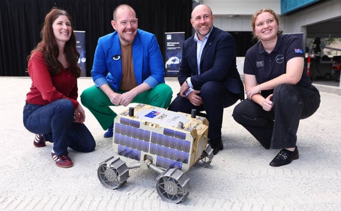 AUSTRALIAN LUNAR ROVER LAUNCH, (Left to Right) Katie Doyle - Roover Technical Director, Keegan Buzza - Australian Space Agency, Ben Sorensen - Roover Director and Emily Crabb - Mechatronics Engineer at EPE during the launch of Roo-ver an Australian-designed and built lunar rover at QUT Kelvin Grove, in Brisbane, Wednesday, October 7, 2026. ( NO ARCHIVING BRISBANE QUEENSLAND Australia  Copyright: xJASONxO BRIENx 20261007192168179577