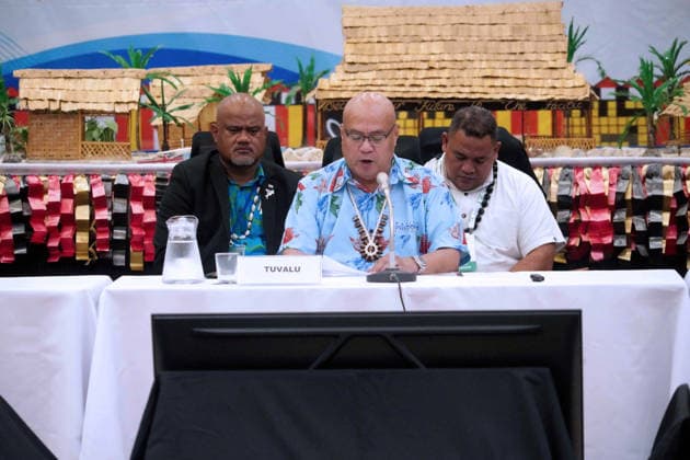 October 6, 2026, Funafuti, Funafuti, Tuvalu: Tuvaluan Prime Minister FELETI TEO addresses attendees at the Pre-COP31 Leaders™ event in Funafuti, Tuvalu. Over a dozen leaders touched down on the tiny Pacific atoll nation of Tuvalu on October 6, 2026 for a first-hand look at a once-vibrant ecosystem being threatened due to climate change. Funafuti Tuvalu - ZUMA 20261006_int_h213_029 Copyright: xHuang Mendersx