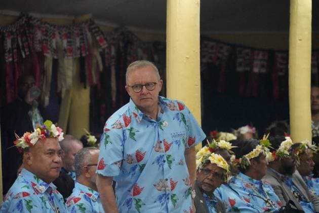 October 6, 2026, Funafuti, Funafuti, Tuvalu: Australian Prime Minister ANTHONY ALBANESE attends a welcome ceremony for the Pre-COP31 Leaders™ event in Funafuti, Tuvalu, on October 6, 2026. Complementing the ministerial meeting in Fiji, the visit brings global decision-makers to the low-lying Pacific island nation to witness climate impacts and community adaptation efforts firsthand and advance climate action ahead of COP31 in Antalya, Türkiye. Funafuti Tuvalu - ZUMA 20261006_int_h213_014 Copyright: xHuang Mendersx