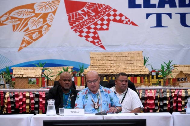 October 6, 2026, Funafuti, Funafuti, Tuvalu: Tuvaluan Prime Minister FELETI TEO addresses attendees at the Pre-COP31 Leaders™ event in Funafuti, Tuvalu. Over a dozen leaders touched down on the tiny Pacific atoll nation of Tuvalu on October 6, 2026 for a first-hand look at a once-vibrant ecosystem being threatened due to climate change. Funafuti Tuvalu - ZUMA 20261006_int_h213_031 Copyright: xHuang Mendersx