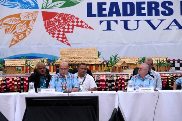 October 6, 2026, Funafuti, Funafuti, Tuvalu: Tuvaluan Prime Minister FELETI TEO and Australian Prime Minister ANTHONY ALBANESE participate in the Pre-COP31 Leaders™ event in Funafuti, Tuvalu. Over a dozen leaders touched down on the tiny Pacific atoll nation of Tuvalu on October 6, 2026 for a first-hand look at a once-vibrant ecosystem being threatened due to climate change. Funafuti Tuvalu - ZUMA 20261006_int_h213_032 Copyright: xHuang Mendersx