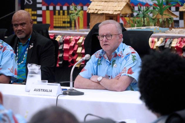 October 6, 2026, Funafuti, Funafuti, Tuvalu: Australian Prime Minister ANTHONY ALBANESE addresses the audience at the Pre-COP31 Leaders™ event in Funafuti, Tuvalu. Complementing the ministerial meeting in Fiji, the visit brings global decision-makers to the low-lying Pacific island nation to witness climate impacts and community adaptation efforts firsthand and advance climate action ahead of COP31 in Antalya, Türkiye. Funafuti Tuvalu - ZUMA 20261006_int_h213_045 Copyright: xHuang Mendersx