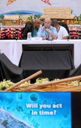 October 6, 2026, Funafuti, Funafuti, Tuvalu: Tuvaluan Prime Minister FELETI TEO addresses attendees at the Pre-COP31 Leaders™ event in Funafuti, Tuvalu. A monitor in the foreground displays the question Will you act in time? to the audience. Funafuti Tuvalu - ZUMA 20261006_int_h213_037 Copyright: xHuang Mendersx