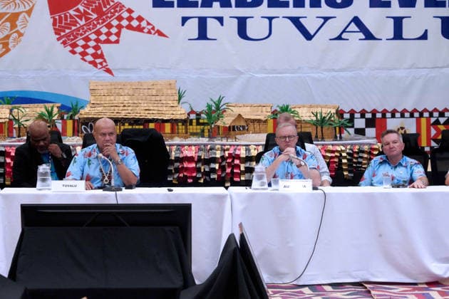 October 6, 2026, Funafuti, Funafuti, Tuvalu: Tuvaluan Prime Minister FELETI TEO, Australian Prime Minister ANTHONY ALBANESE, and CHRIS BOWEN, and Australian Minister for Climate Change and Energy participate in the Pre-COP31 Leaders™ event in Funafuti, Tuvalu. Over a dozen leaders touched down on the tiny Pacific atoll nation of Tuvalu on October 6, 2026 for a first-hand look at a once-vibrant ecosystem being threatened due to climate change. Funafuti Tuvalu - ZUMA 20261006_int_h213_039 Copyright: xHuang Mendersx