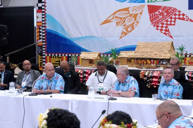 October 6, 2026, Funafuti, Funafuti, Tuvalu: Australian Prime Minister ANTHONY ALBANESE addresses the audience at the Pre-COP31 Leaders™ event in Funafuti, Tuvalu, including Tuvaluan Prime Minister FELETI TEO and Australian Minister for Climate Change and Energy CHRIS BOWEN. Complementing the ministerial meeting in Fiji, the visit brings global decision-makers to the low-lying Pacific island nation to witness climate impacts and community adaptation efforts firsthand and advance climate action ahead of COP31 in Antalya, Türkiye. Funafuti Tuvalu - ZUMA 20261006_int_h213_049 Copyright: xHuang Mendersx