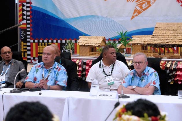 October 6, 2026, Funafuti, Funafuti, Tuvalu: Australian Prime Minister ANTHONY ALBANESE addresses the audience, including Tuvaluan Prime Minister FELETI TEO at the Pre-COP31 Leaders™ event in Funafuti, Tuvalu. Complementing the ministerial meeting in Fiji, the visit brings global decision-makers to the low-lying Pacific island nation to witness climate impacts and community adaptation efforts firsthand and advance climate action ahead of COP31 in Antalya, Türkiye. Funafuti Tuvalu - ZUMA 20261006_int_h213_046 Copyright: xHuang Mendersx