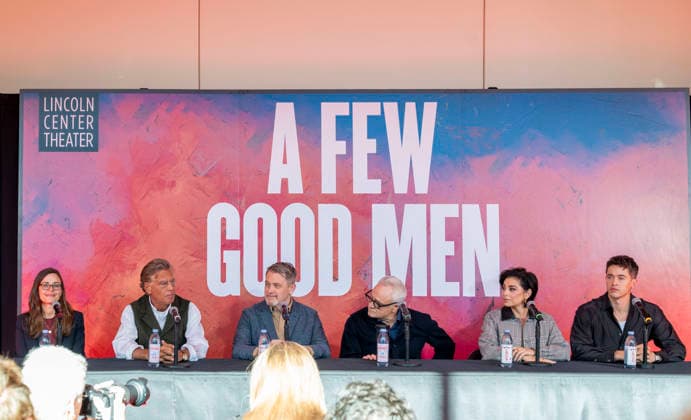 October 6, 2026, New York, New York, USA: LEAR DEBESSONET, AARON SORKIN, MICHAEL ARDEN, BRADLEY WHITFORD, KRYSTA RODRIGUEZ and TOM BLYTH attend a press conference for A Few Good Men on Broadway at the Vivian Beaumont Theater at Lincoln Center in New York. 6 October 2026 New York USA - ZUMAa265 20261006_zep_a265_001 Copyright: xEricxAcquayex