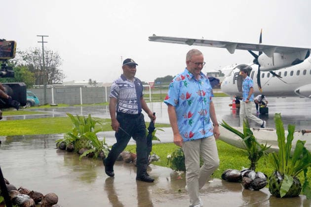 October 6, 2026, Funafuti, Funafuti, Tuvalu: Australian Prime Minister ANTHONY ALBANESE arrives in Funafuti, Tuvalu for the Pre-COP31 Leaders™ event on October 6, 2026. Complementing the ministerial meeting in Fiji, the visit brings global decision-makers to the low-lying Pacific island nation to witness climate impacts and community adaptation efforts firsthand and advance climate action ahead of COP31 in Antalya, Türkiye. Funafuti Tuvalu - ZUMA 20261006_int_h213_008 Copyright: xHuang Mendersx