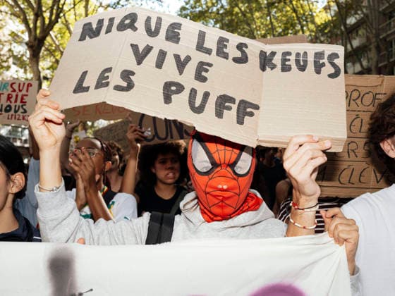 High School And University Student Protest - Toulouse A placard – Screw the cops, long live the Puff. Protests by secondary school pupils and students calling for improvements to their living and learning conditions, supported by the trade unions CGT, FO, FSU and Solidaires. France, Toulouse, 6 October 2026. Photo by Patricia Huchot-Boissier AbacaPress.com. Toulouse OCCITANIE France  Copyright: xHuchot-BoissierxPatricia ABACAx