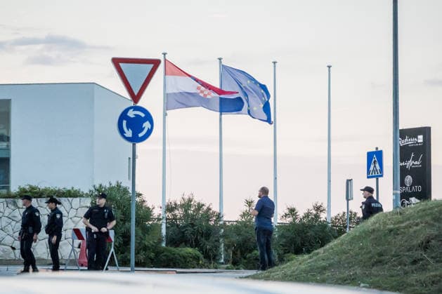 EU MED9 Summit Security personel on guard around Radisson Blu Resort & Spa during EU MED9 summit in Split, Croatia on October 7, 2027.  ZvonimirxBarisin PIXSELL