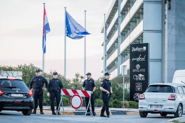 EU MED9 Summit Security personel on guard around Radisson Blu Resort & Spa during EU MED9 summit in Split, Croatia on October 7, 2027.  ZvonimirxBarisin PIXSELL