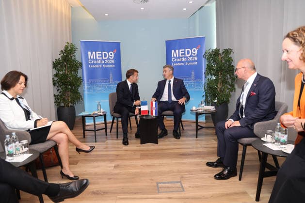 EU MED9 Bilateral meet Plenkovic - Macron Croatian Prime Minister Andrej Plenkovic meets French President Emmanuel Macron during bilateral meetings on the sidelines of the EU MED9 summit in Split, Croatia on October 7, 2027.  IvanaxIvanovic PIXSELL