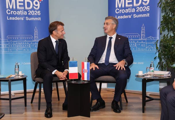 EU MED9 Bilateral meet Plenkovic - Macron Croatian Prime Minister Andrej Plenkovic meets French President Emmanuel Macron during bilateral meetings on the sidelines of the EU MED9 summit in Split, Croatia on October 7, 2027.  IvanaxIvanovic PIXSELL
