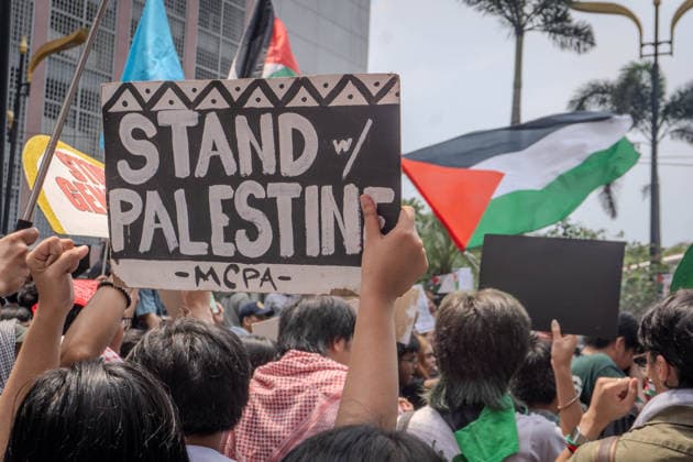 October 7, 2026, Quezon City, Quezon City, Philippines: Progressive formations led by Philippines-Palestine Friendship Association (PPFA), Bagong Alyansang Makabayan (Bayan) and International League of PeoplesÃ¢â‚¬â ¢ Struggle (ILPS) Philippines protest near the US embassy three years after the Al-Aqsa Flood, condemning the continued US-Israel military aggression in West Asia and the decades long oppression of Palestine. Quezon City Philippines - ZUMAs374 20261007_zip_s374_006 Copyright: xElessarxHamilixSarmagox