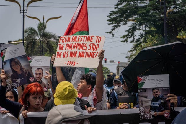 October 7, 2026, Quezon City, Quezon City, Philippines: Progressive formations led by Philippines-Palestine Friendship Association (PPFA), Bagong Alyansang Makabayan (Bayan) and International League of PeoplesÃ¢â‚¬â ¢ Struggle (ILPS) Philippines protest near the US embassy three years after the Al-Aqsa Flood, condemning the continued US-Israel military aggression in West Asia and the decades long oppression of Palestine. Quezon City Philippines - ZUMAs374 20261007_zip_s374_008 Copyright: xElessarxHamilixSarmagox