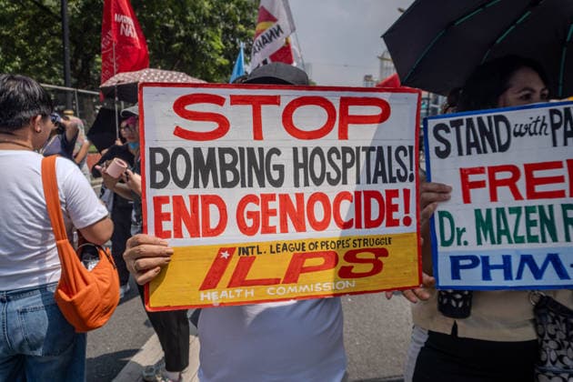 October 7, 2026, Quezon City, Quezon City, Philippines: Progressive formations led by Philippines-Palestine Friendship Association (PPFA), Bagong Alyansang Makabayan (Bayan) and International League of PeoplesÃ¢â‚¬â ¢ Struggle (ILPS) Philippines protest near the US embassy three years after the Al-Aqsa Flood, condemning the continued US-Israel military aggression in West Asia and the decades long oppression of Palestine. Quezon City Philippines - ZUMAs374 20261007_zip_s374_009 Copyright: xElessarxHamilixSarmagox