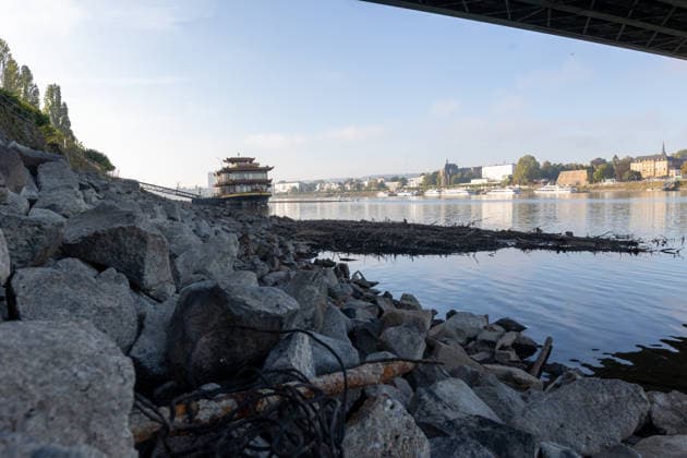 Niedrigwasser am Rhein in Bonn-Beuel Bonn-Beuel, 7. Oktober 2026: Der Rhein führt deutliches Niedrigwasser. Am Ufer in Bonn-Beuel sind weite Bereiche des freiliegenden Rheinufers und der flachen Uferzonen sichtbar. Der niedrige Wasserstand verändert das gewohnte Erscheinungsbild des Rheins und lässt die Auswirkungen der anhaltenden Trockenheit deutlich erkennen. Bonn Beuel Nordrhein-Westfalen Deutschland
