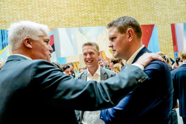 Statsbudsjett 2027 Oslo 20261007. oystein Dorum, Christian Justnes og Harald Solberg etter fremleggelsen av statsbudsjettet for 2027. Foto: Fredrik Varfjell NTB Oslo Norge 4dsfuJCYE-Q EDITORIAL USE ONLY Ref:_POL4dsfuJCYE-Q.jpg Copyright: xFredrikxVarfjellxx xNTBx