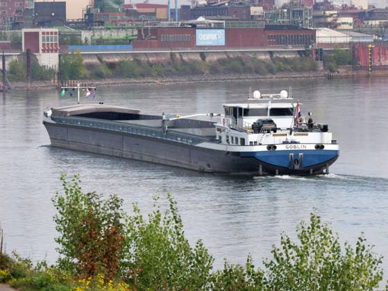 Beobachtungen bei Krefeld-Uerdingen am Rhein. Leere Binnenschiffe auf dem Rhein bei Niedrigwasser. Wirtschaft-Binnenhandel - Binnenschiffe auf dem Rhein.