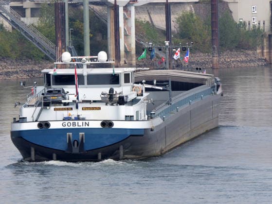 Beobachtungen bei Krefeld-Uerdingen am Rhein. Leere Binnenschiffe auf dem Rhein bei Niedrigwasser. Wirtschaft-Binnenhandel - Binnenschiffe auf dem Rhein.