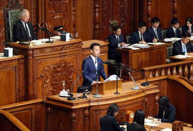 October 7, 2026, Tokyo, Japan - Japan s opposition New Komei Party leader Mitsunari Okamoto questions to Prime Minister Sanae Takaichi at Lower House s plenary session as a representative of Centrist Reform Alliance at the National Diet in Tokyo on Wednesday, October 7, 2026. (photo by Yoshio Tsunoda AFLO)  aflo_354017002
