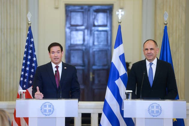 Greek Foreign Minister Giorgos Gerapetritis, US Secretary of State Marco Rubio hold joint press conference in Athens ATHENS, GREECE - OCTOBER 07: Greek Foreign Minister Giorgos Gerapetritis (R) and US Secretary of State Marco Rubio (L) hold a joint press conference at the Foreign Ministry in Athens, Greece, on October 07, 2026. Costas Baltas Anadolu Athens Greece. Editorial use only. Please get in touch for any other usage.  Copyright: x2026xAnadoluxCostasxBaltasx