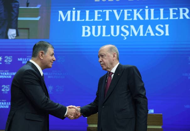 Legislative Year Opening Meeting with AK Party Deputies ANKARA, TURKIYE - OCTOBER 7: (----EDITORIAL USE ONLY - MANDATORY CREDIT - TURKISH PRESIDENCY MUSTAFA KAMACI HANDOUT - NO MARKETING NO ADVERTISING CAMPAIGNS - DISTRIBUTED AS A SERVICE TO CLIENTS----) Turkish President and Leader of the Justice and Development (AK) Party Recep Tayyip Erdogan (R) shakes hands with Izmir Metropolitan Municipality Mayor Cemil Tugay (L) during the Legislative Year Opening Meeting with AK Party Deputies at the AK Party Congress Center in Ankara, Turkiye on October 7, 2026. Turkish Presidency Mustafa Kamaci Handout Anadolu Ankara Turkey. Editorial use only. Please get in touch for any other usage.  Copyright: x2026xAnadoluxTurkishxPresidencyx xMustafaxKamacix xHandoutx